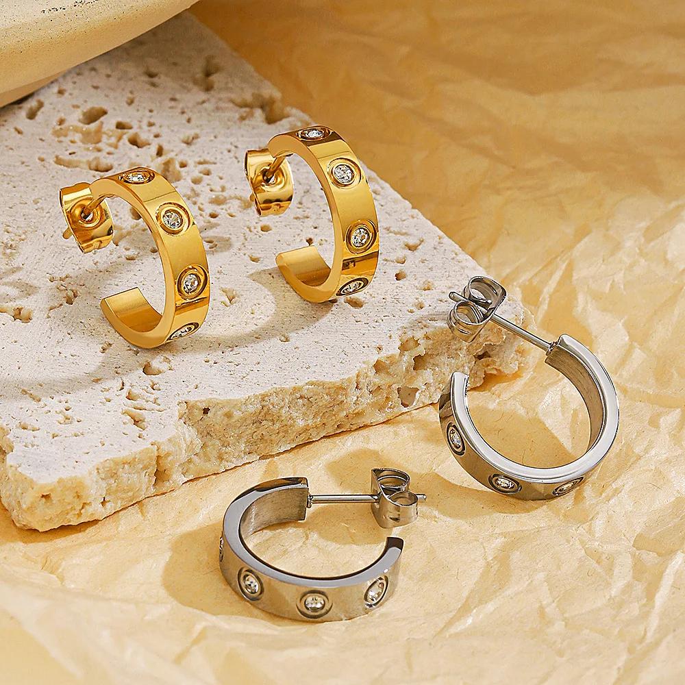 Aretes Acero De Inoxidable Mujer Luxurious Crystalline Earrings Gold Tone Color Stainless Steel Earrings Minimalist Minimalist Hip Hop Celebration