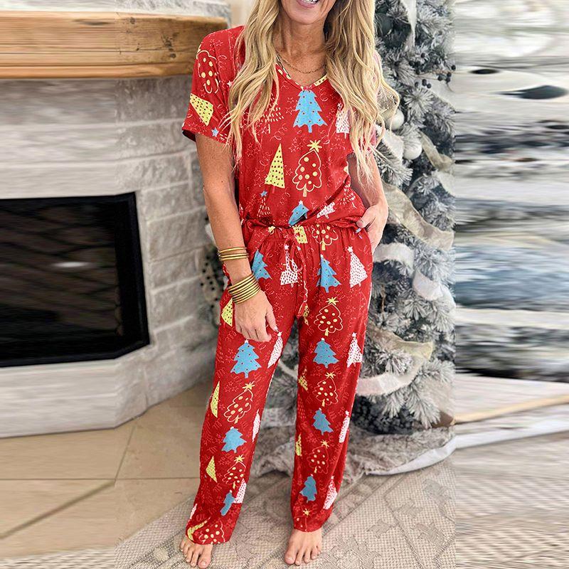 

Summer New Arrival Christmas Tree Print Fashion Suit Women 2024 Fashion Loose Short Sleeve T-shirt Pants Two-piece Set Women Pink P10320 Size M fit (55.00 kg-62.50 kg