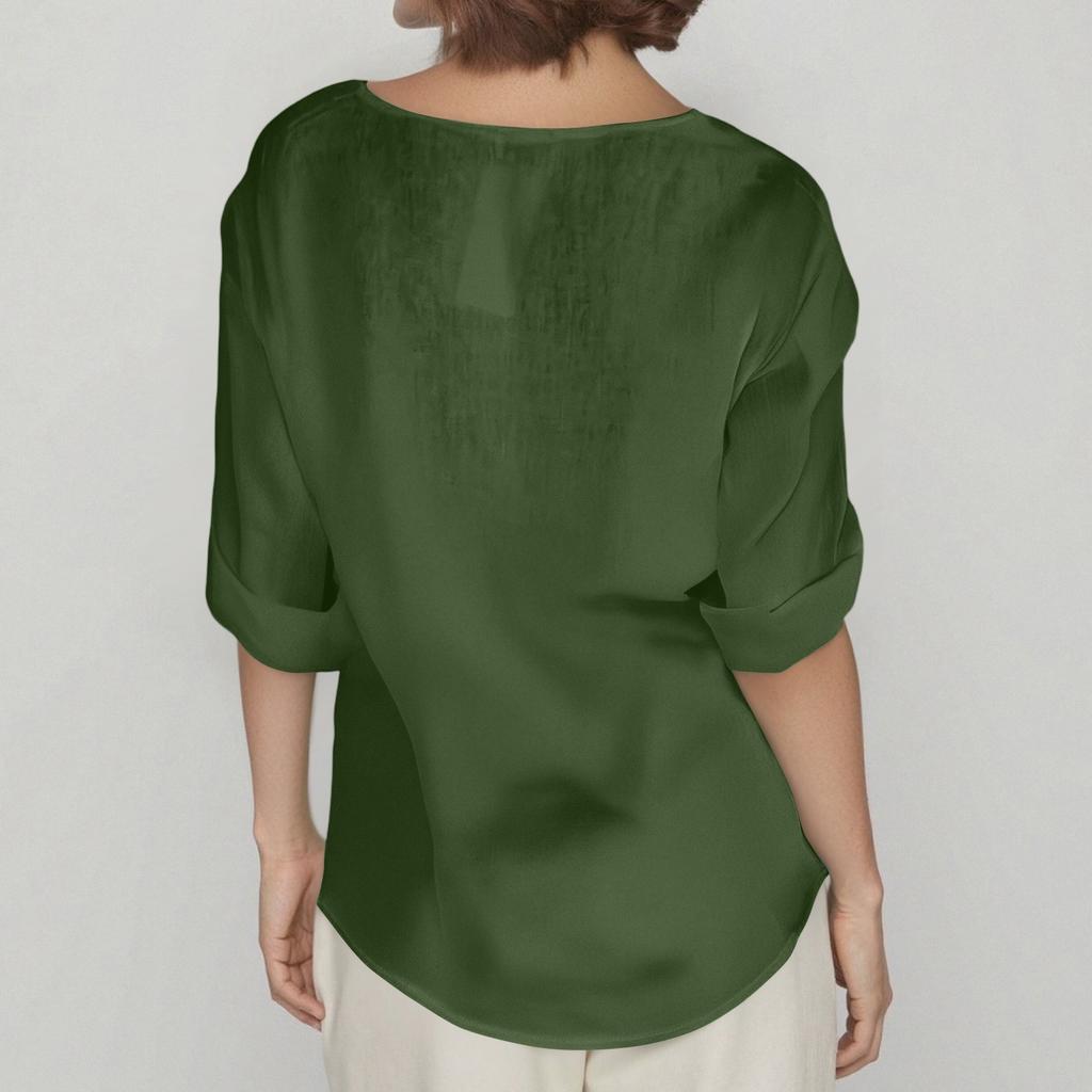 Damska Moda Casual Dekolt V Zapinany na Guziki Rękaw Siedmiopunktowy Bawełniany T-shirt Top