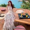 French Holiday Dress Female Pure Desire Sexy Halter Neck Chiffon Printed Cake Long Dress Temperament Birthday Dress