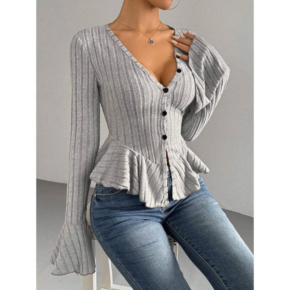 Women's Elegant Style T-Shirt Autumn Winter New V-Neck Ruffle Slim Fit Temperament Fleece Top