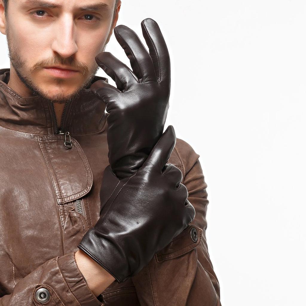 Nappaglo Genuine Sheepskin Leather Handmade with Lining Deep Smartphone Men's Gloves, (M, Brown, Compatible)