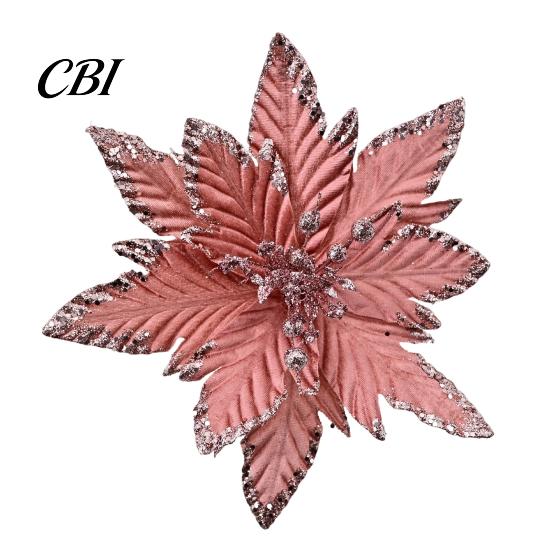 Velvet Poinsettia Decorations Artificial Flowers, Handmade Bead Cluster Christmas with Gold Glitter Fabric Decorative Flower Picks Petals, Reusable