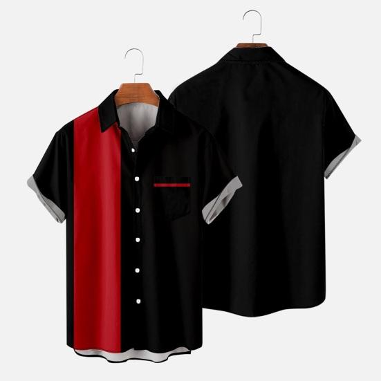 Men Casual Shirt Lapel Short Sleeve Single Breasted Shirt Loose Fit Hawaiian Style Button-Up Bowling Shirt