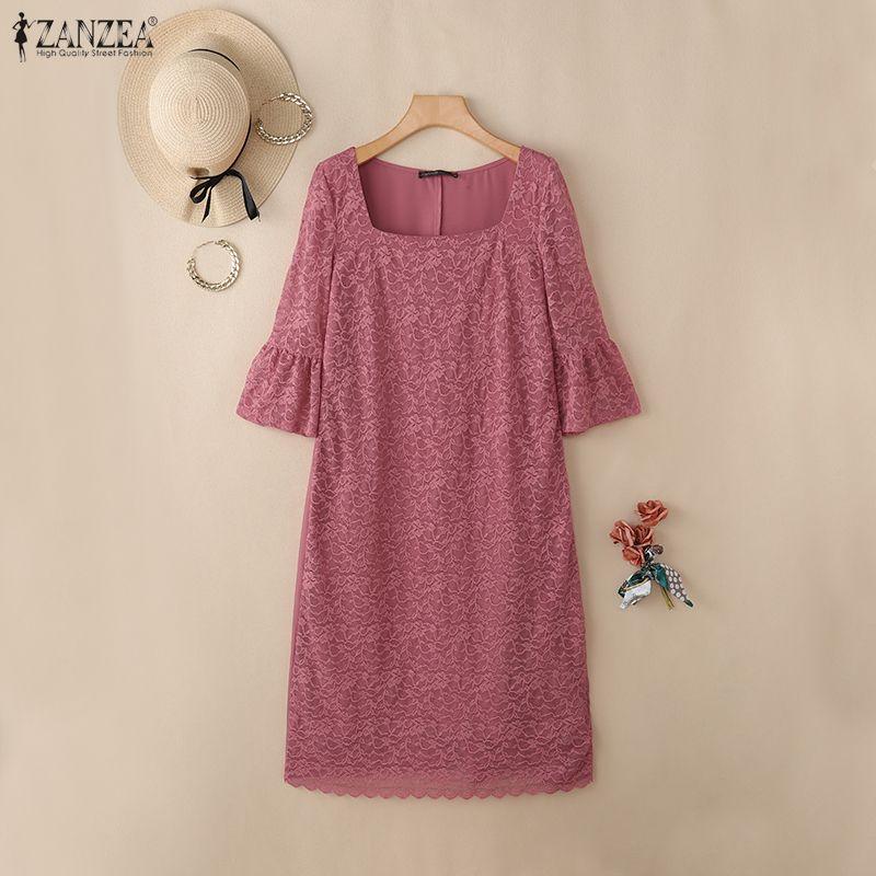 ZANZEA Women Square Collar 3/4 Sleeve Casual Lace Patchwork Elegant Dress