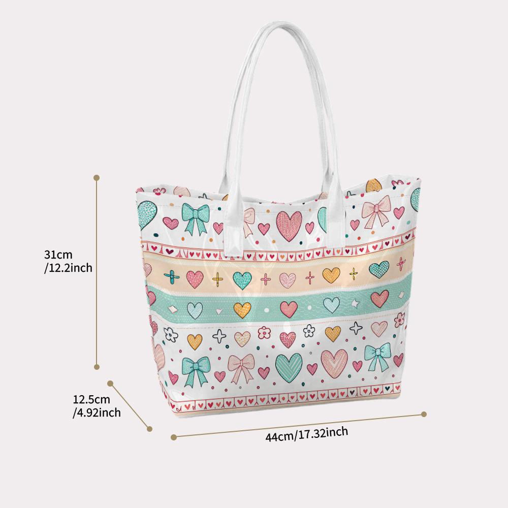 Cute Heart Bow Printed Tote Bag Large Capacity Daily Carry Shoulder Bag For Women Casual Shopping Travel Handbag