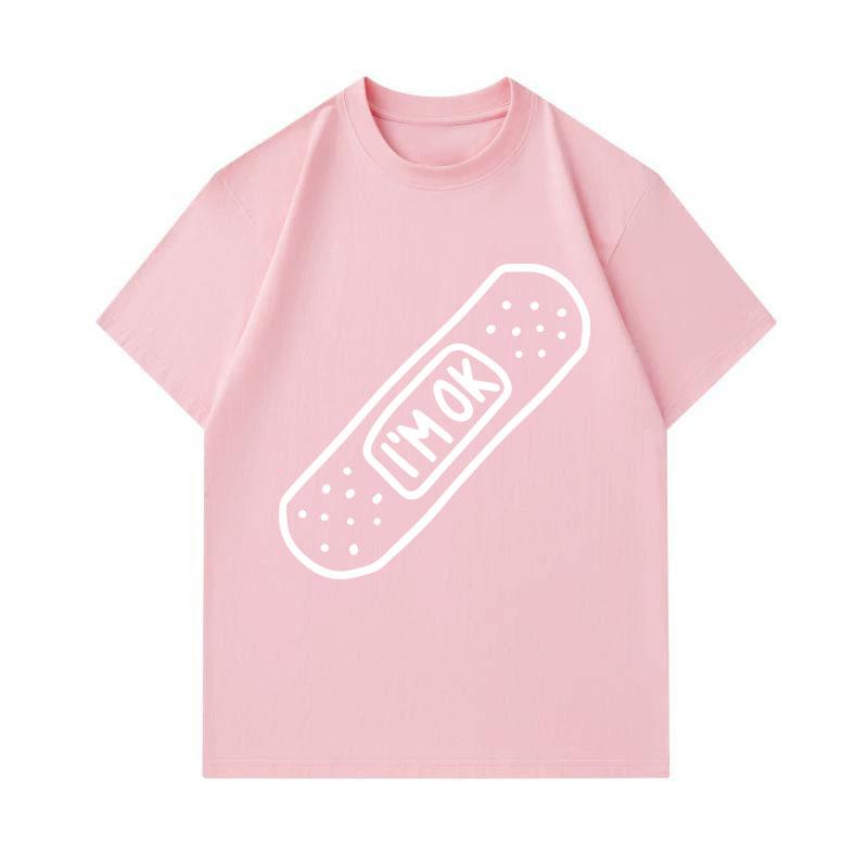 Men's 100% Cotton Crew Neck Short Sleeve T-Shirt, Casual I'm OK Bandage Printed Soft Breathable Lightweight Tee, Comfortable Daily Wear Summer Top for