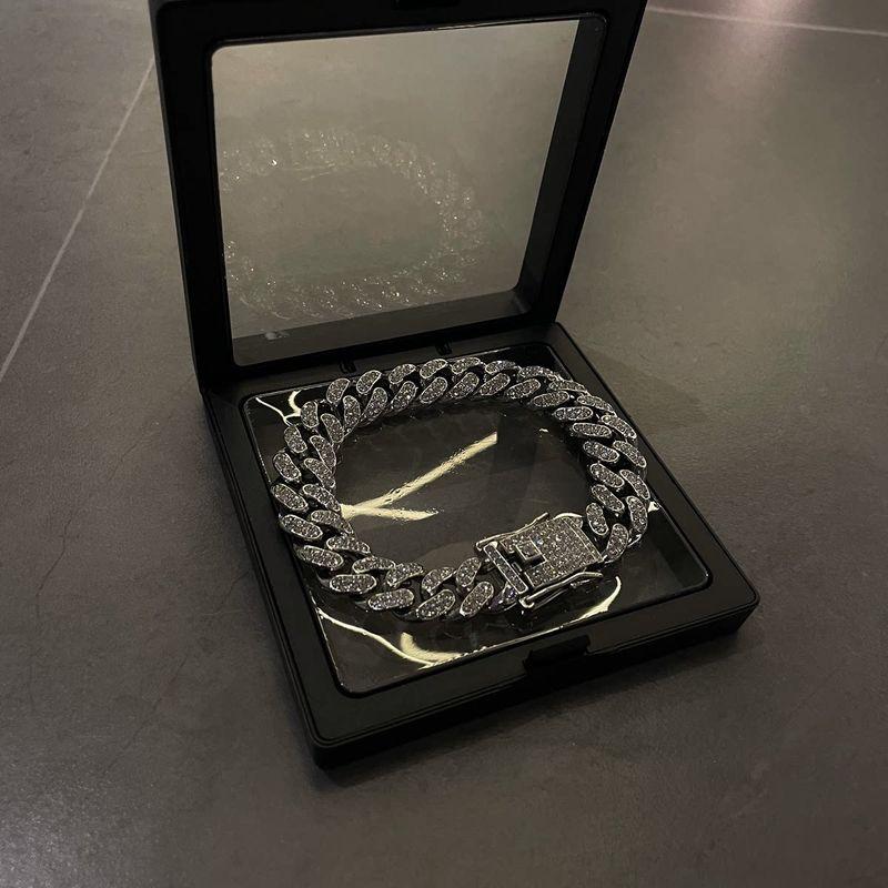 Jackson Wang Same Style Full Diamond Cuban Bracelet Men Trendy Silver Diamond-Embedded Fashion Hip Hop Style Special-Interest Design Couple Full Diamond Buckle Bracelet [Chain Length 18cm]