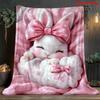 1pc Cute Pink Bow Sleeping Bunny Flannel Throw Blanket Soft Cozy Warm Kawaii Rabbit Blanket for Bedroom Living Room Home Decor