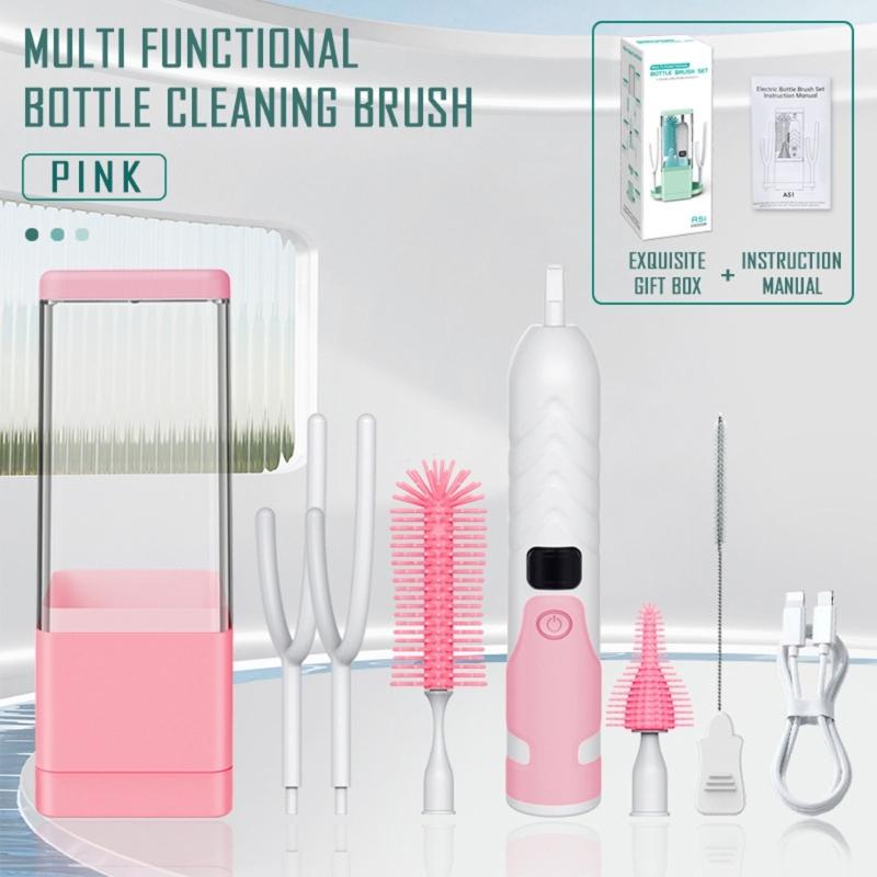 Portable Sanitization Electric Bottle Brush Featuring Build In Drying Rack & Included Silicone Nipple Brush for Home