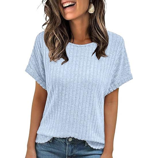 Solid Color Round Neck Ribbed Loose Short Sleeve Casual T Shirt Top For Women