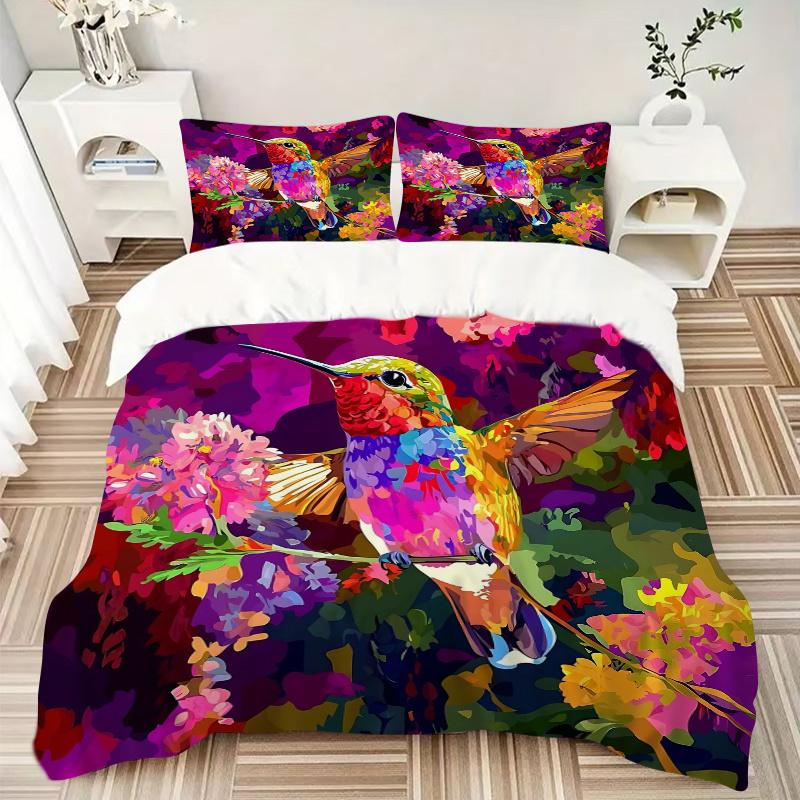 3pcs Hummingbird in a Vibrant Garden Quilt Cover Set - Soft & Comfortable Polyester Fabric, All-Season Breathable Comforter Set For 1 Quilt Cover