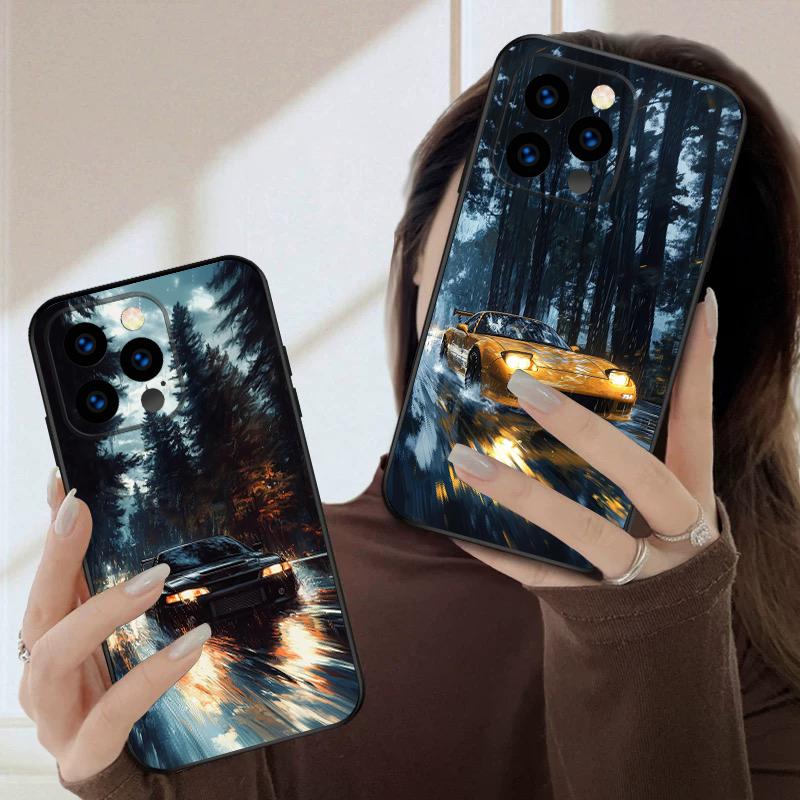 A car in the rain For iPhone 16 E 15 P ro 14 13 Plus 12 mini 11 Pro Max XR Xs M ax X 7 8 6 6S 2022 16E silicone soft phone case