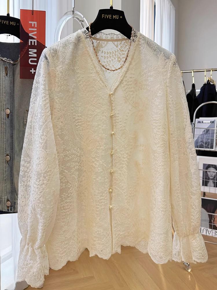Korean V-Neck Lace Long-Sleeve Shirt - Light Luxury Spring Outerwear Top, Elegant and Unique Base Layer.