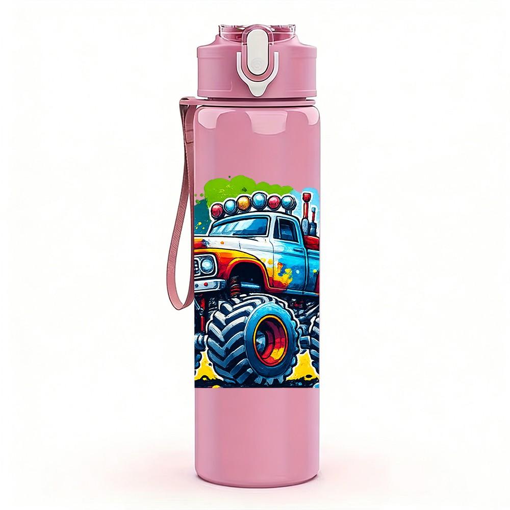 1PC Color Splash Monster Truck Print 750ml Color Plastic Sports Water Bottle Leakproof Flip Straw Lid Suitable for Sports Office Home Use