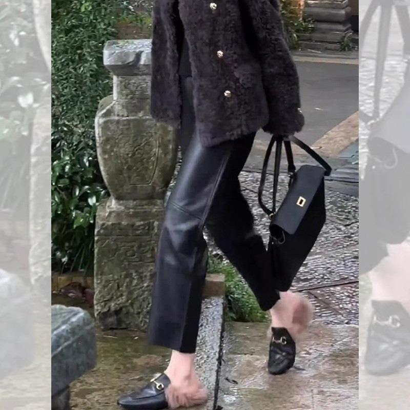 Small narrow version straight leather pants women's autumn and winter new high waist and thin temperament nine-point pipe pants