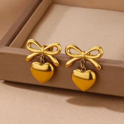 Süße Schleife Herz Ohrringe für Damen Edelstahl Goldfarbe Herz Stecker Ohrringe Trend Piercing Schmuck Hochzeitsfeier Geschenk