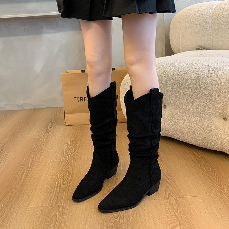 Large Tube Circumference Large Size Women's Shoes Suede Stacking Boots Western Cowboy Boots Thick Leg Boots Thigh Circumference Knight Boots