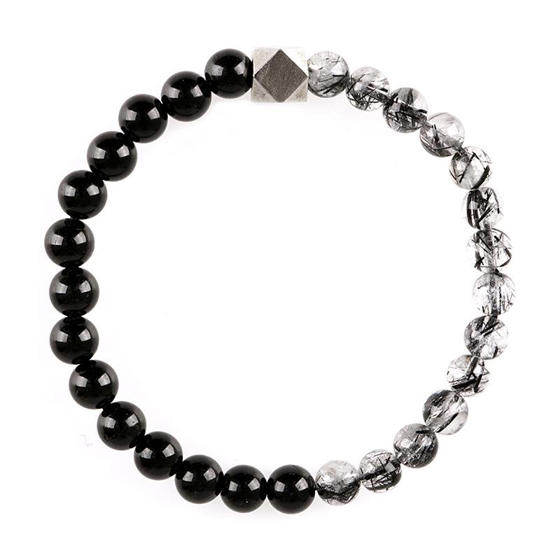 Original design natural black rutilated quartz s9Silver octagonal beaded bracelet for men and women, simple design for couples Rutilated Quartz