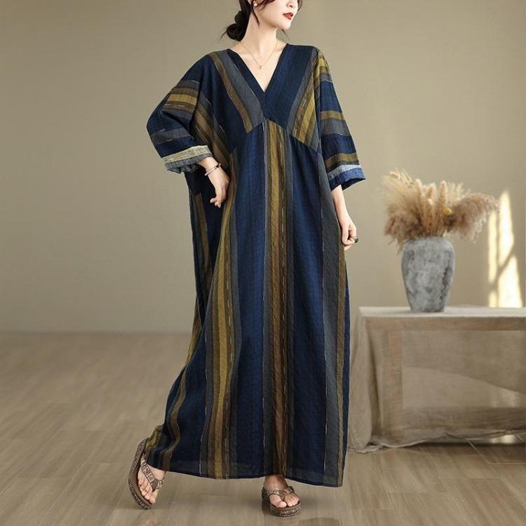Neu im Frühling Herbst Große Größen Vintage Streifen Langarm Maxikleid Damen Baumwolle Locker Lässig Kleid