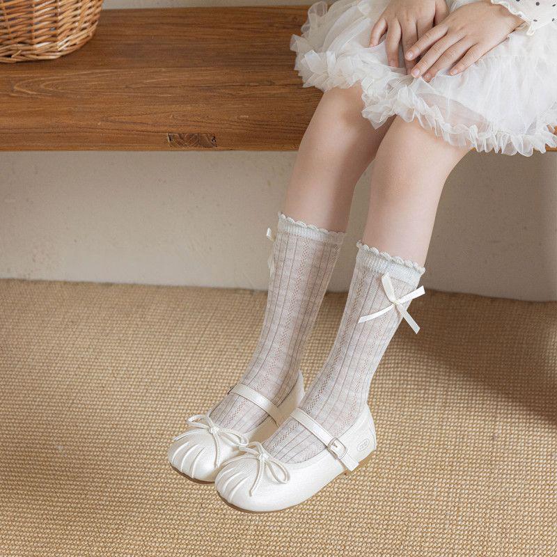 Girls' Breathable Mesh Bowknot Lace Mid-Calf Socks, Korean Style, Summer Thin Princess Socks