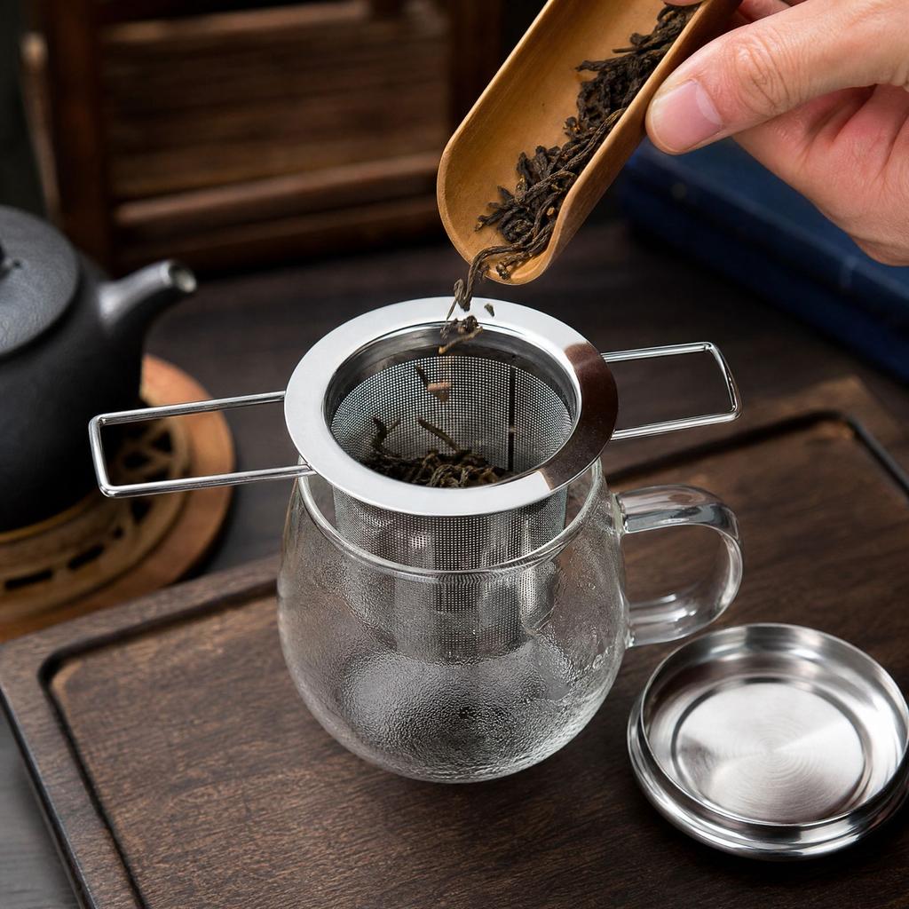 Stainless Tea Strainer with Lid and Foldable Handle for Brewing Loose Leaf Tea