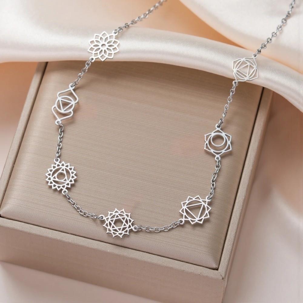 Hollow Out 7 Chakra Pendant Necklace Stainless Steel Clavicle Chain Necklace  Women Girls