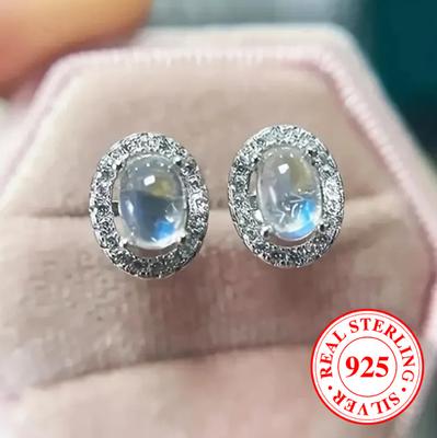 S925 Sterling Silver Earrings for Women Girls Exquisite White Zircon Oval Moonstone Stud Earrings Wedding Jewelry Gift