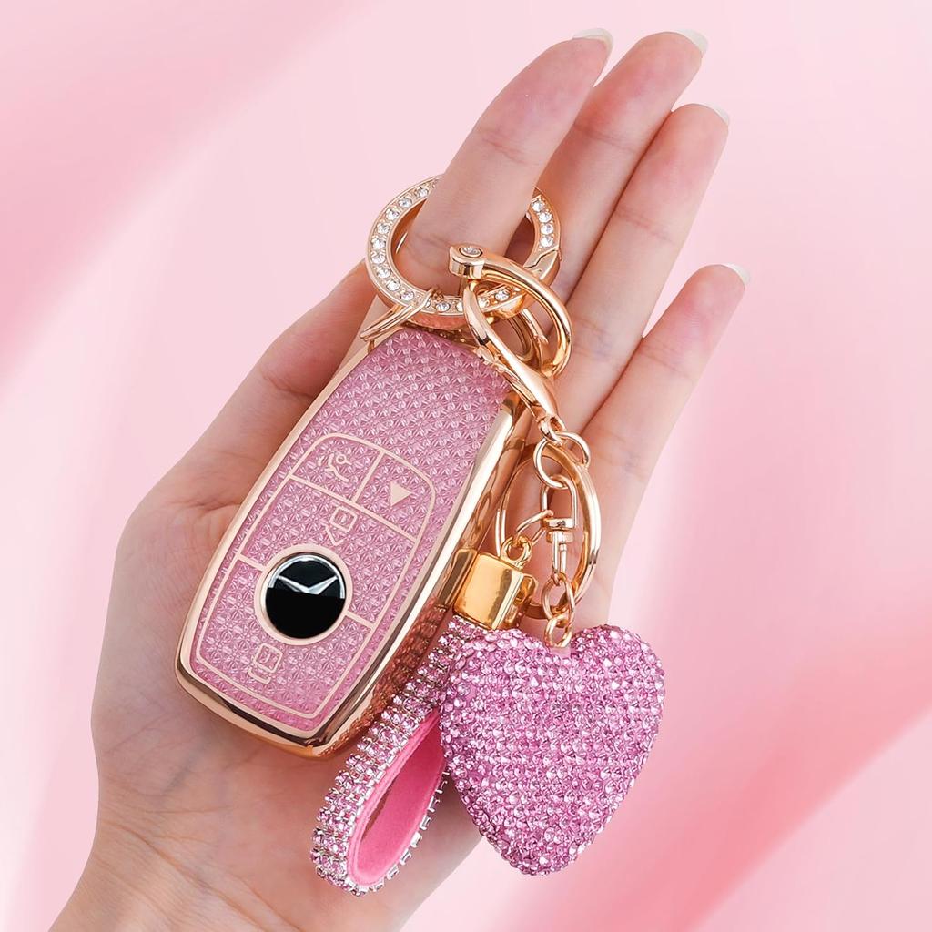 For Mercedes Benz Key Fob Cover with Diamond Bling Keychain, Car Accessories Key Shell Full Protection for - A-Class C-Class G-Class 2017- E-Class