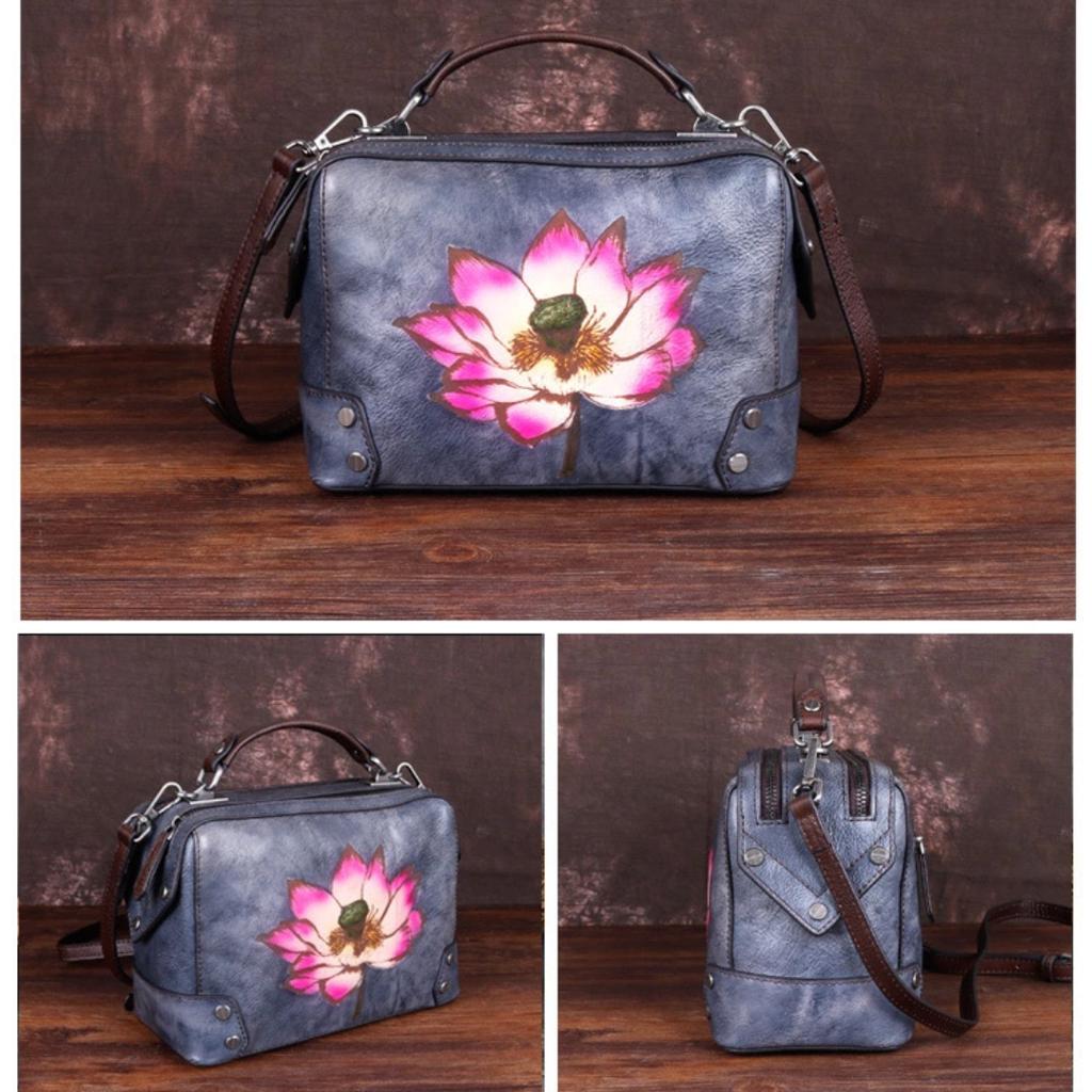 Vintage Leather Female Baotou Layer Cowhide Printed Handbag Texture Handmade Lotus Pillow Bag