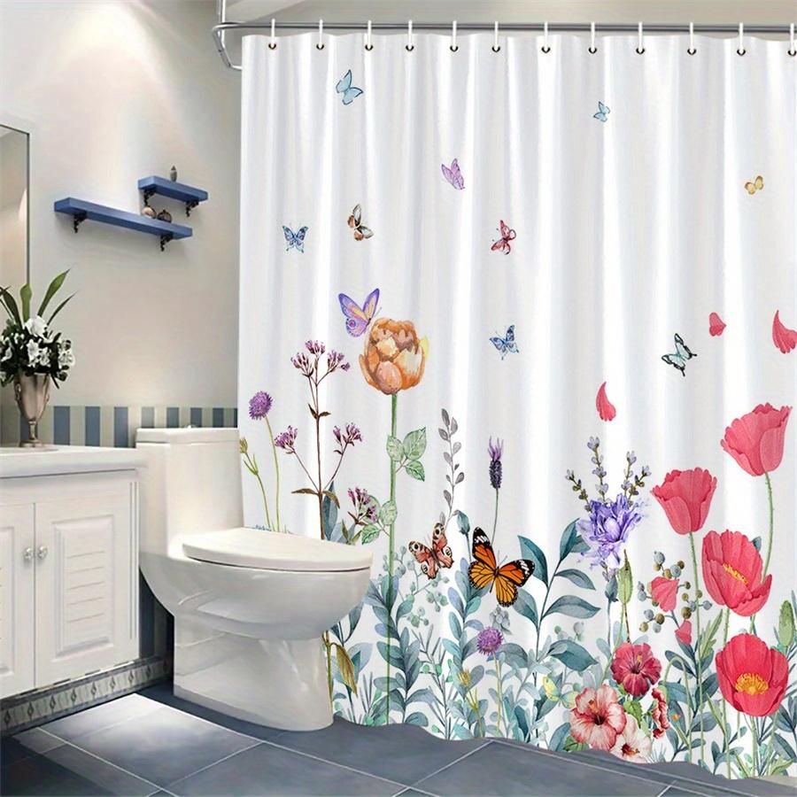 1 Bright Watercolor Floral Shower Curtain - Whimsical Garden Design of Irises and Butterflies, with Hooks, Machine Washable