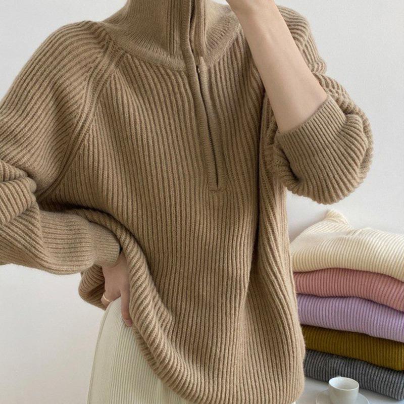 Lazy wind thickened lapel sweater women's autumn and winter soft waxy pullover zipper sweater knitted sweater jacket women