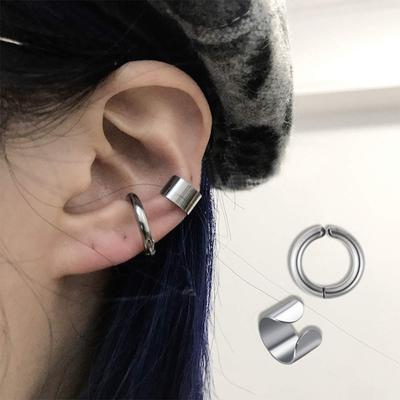 2 Pairs Fake Earrings for Women Stainless Steel Earcuffs Clip On Cartilage Earrings for Men Silver/Black/Gold Cool Punk Jewelry