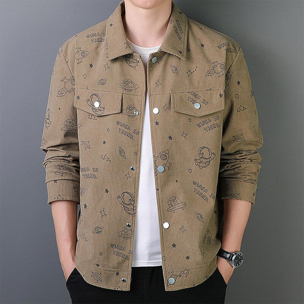 Men's Corduroy Lapel Space Print Jacket Casual Comfortable Mature Style Coat