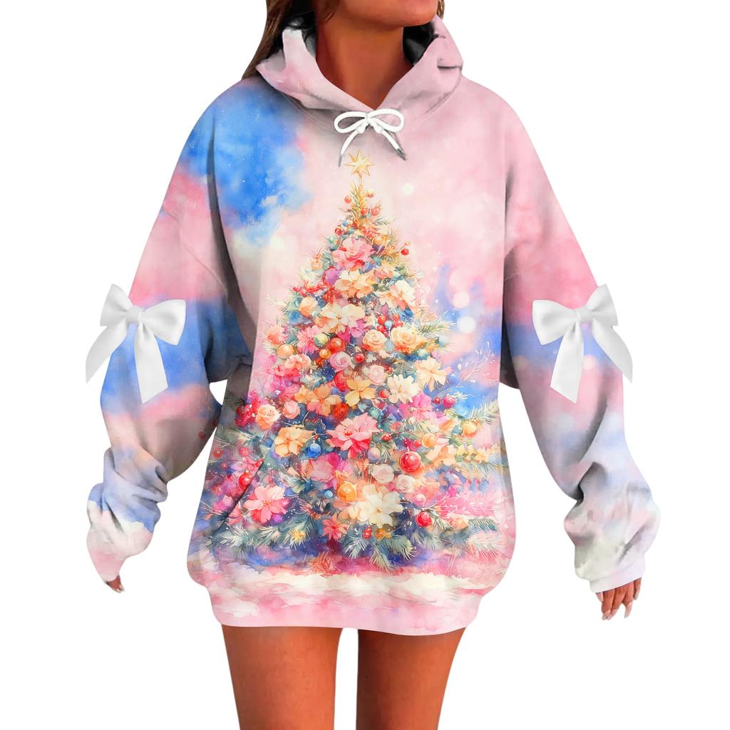 Ladies' Christmas Printed Bow Long Sleeved Loose Fitting Headband With Rope Hooded Sweatshirt Top
