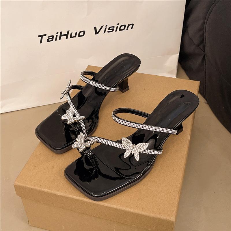 Summer women's butterfly beautiful one-pedal high-heeled slippers 2025 new fairy rhinestone crystal sandals
