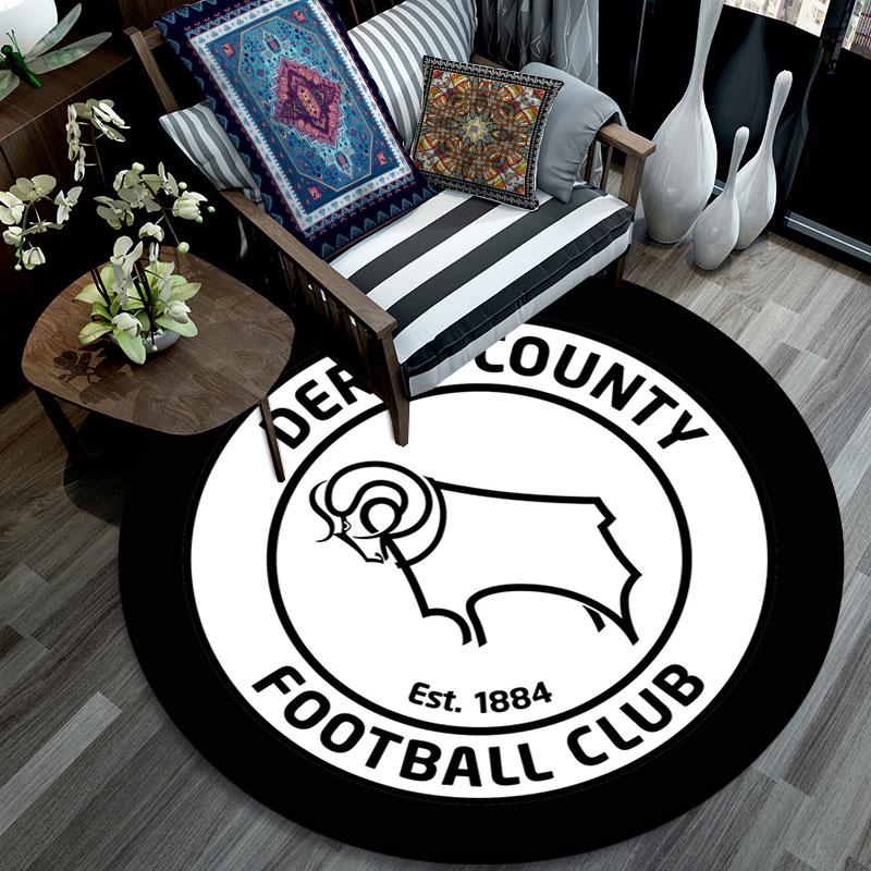 Derby County FC Logo Printed Round Rug, Non Slip Washable Circular Carpet For Living Room Bedroom Playroom, Sports Fan Decor, Holiday Birthday Gift