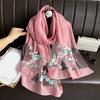 Faux Silk Scarf with Beading Embroidered Crabapple Flower Design Women Versatile Shawl Comfortable Imitation Silk Scarf