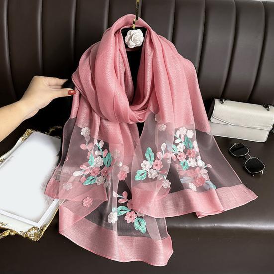 Faux Silk Scarf with Beading Embroidered Crabapple Flower Design Women Versatile Shawl Comfortable Imitation Silk Scarf
