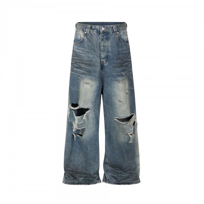 Mens Loose Fit Straight Leg Jeans Vintage Distressed Ripped Denim Pants Youth