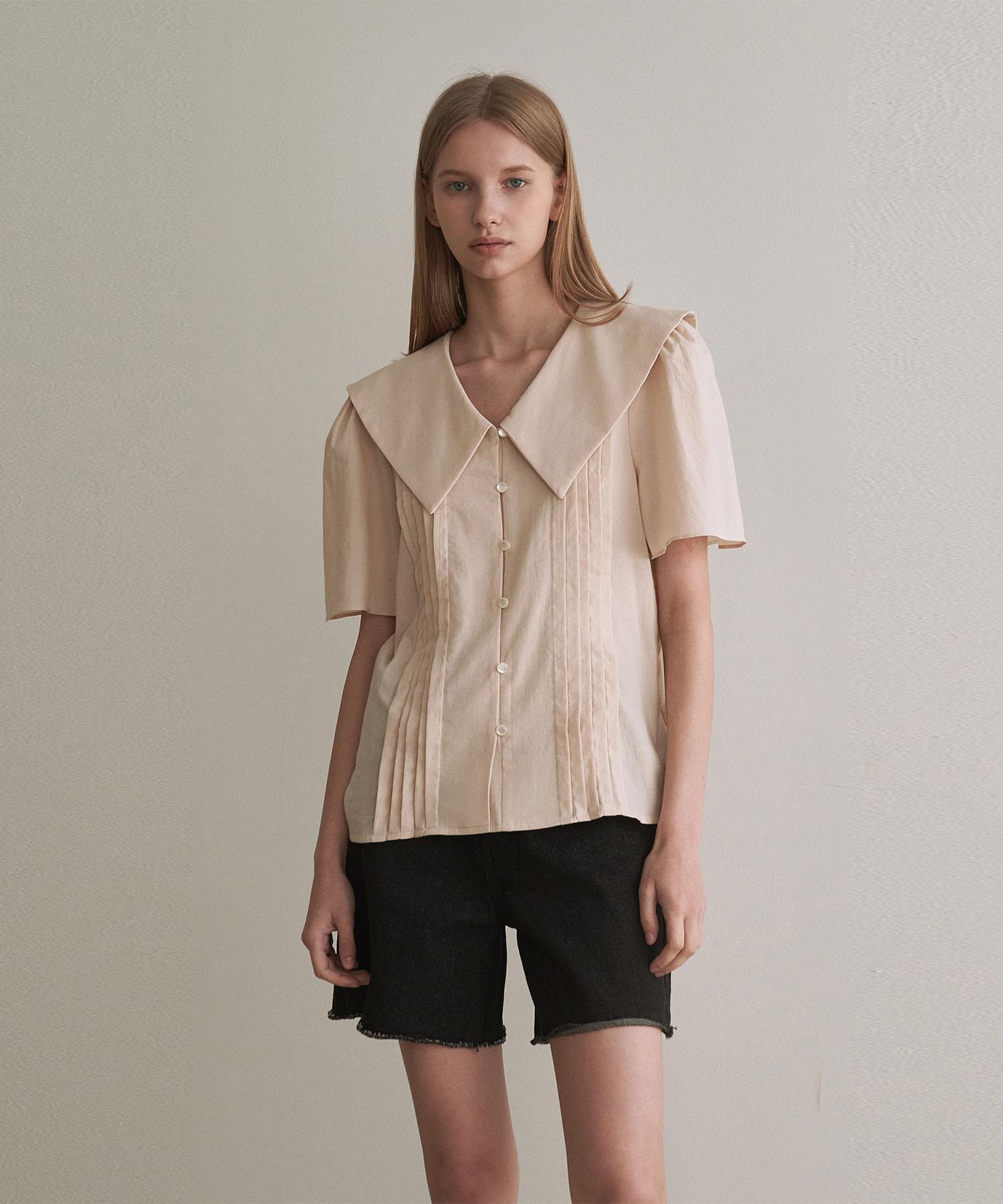 Adowl Sailor Collar Pintuck Blouse - Light Beige Free