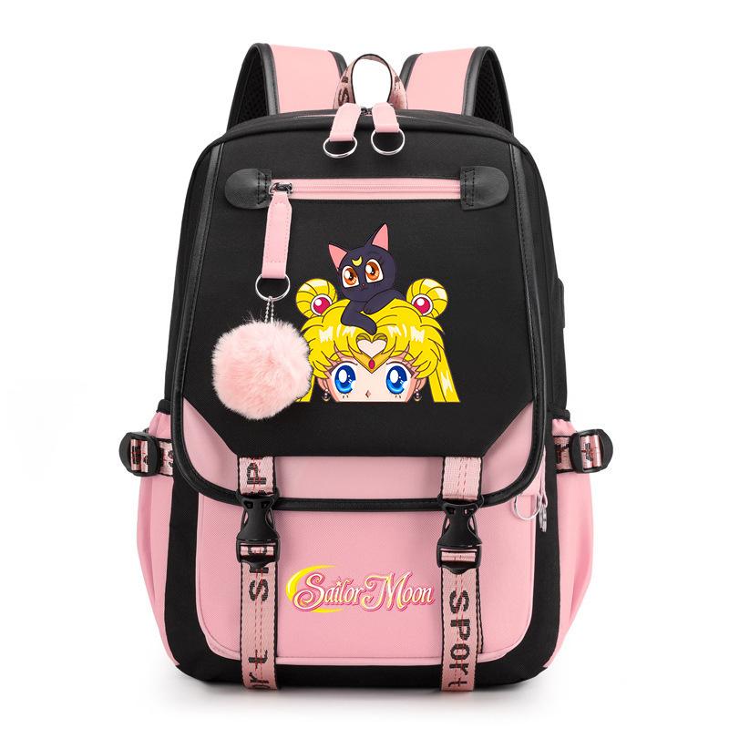 Sailor Moon Cute Anime Printed Student School Bag USB Interface Large Capacity Canvas Bag Computer Bag
