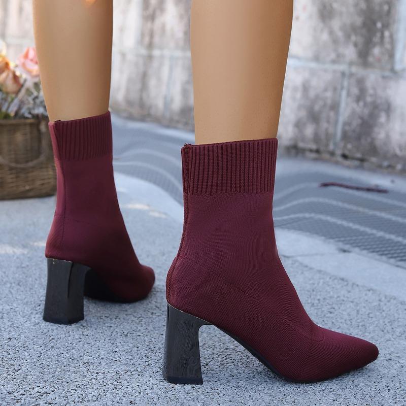 Knit Single Boots Autumn New Pointed Toe Sleeve Breathable Non-Slip Wear-Resistant High Heels