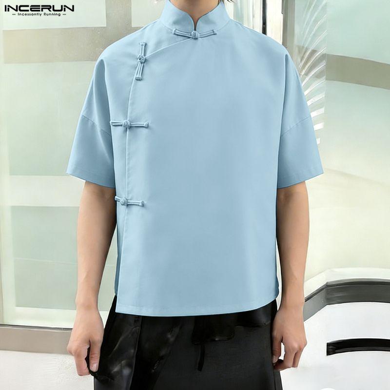 INCERUN Summer Men Stand Neck Short Sleeve Side Buttons Casual Vintage Shirts Tops