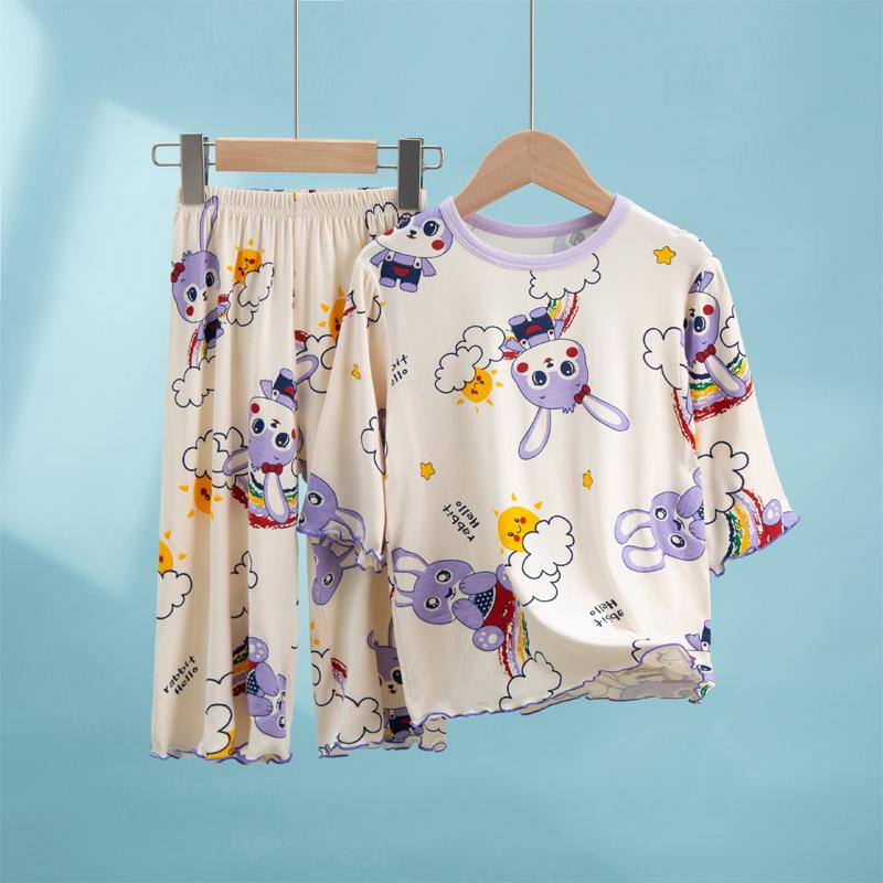 Girls' Modal Summer Pajama Set: Lightweight, Seven-Sleeve Baby Lounge Wear for Air Conditioning.