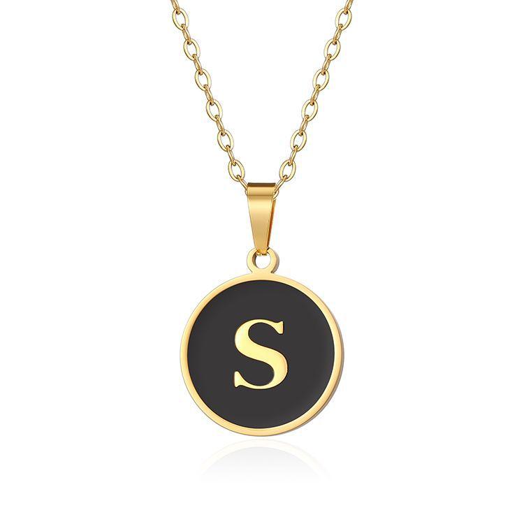 English letter oiled necklace, European and American trend titanium steel chain, round gold letter pendant collarbone chain