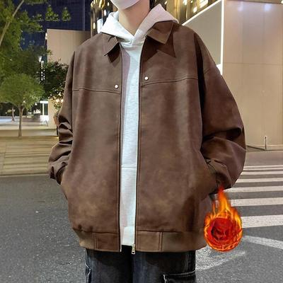 Leather Jacket Mens Autumn and Winter Velvet Thickened Lapel Jacket Leisure Jacket