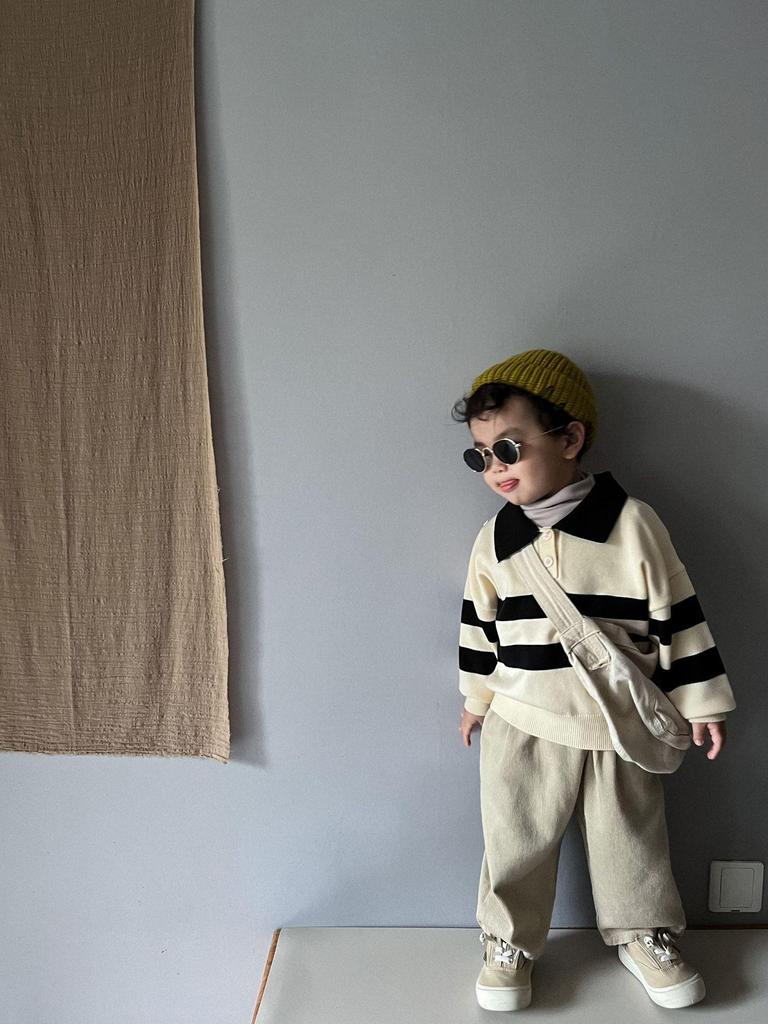 Mori Style Children's Knitted Sweater - Striped, Two-Button, Turn-Down Collar, Casual and Fashionable for Boys and Girls in Spring and Autumn.