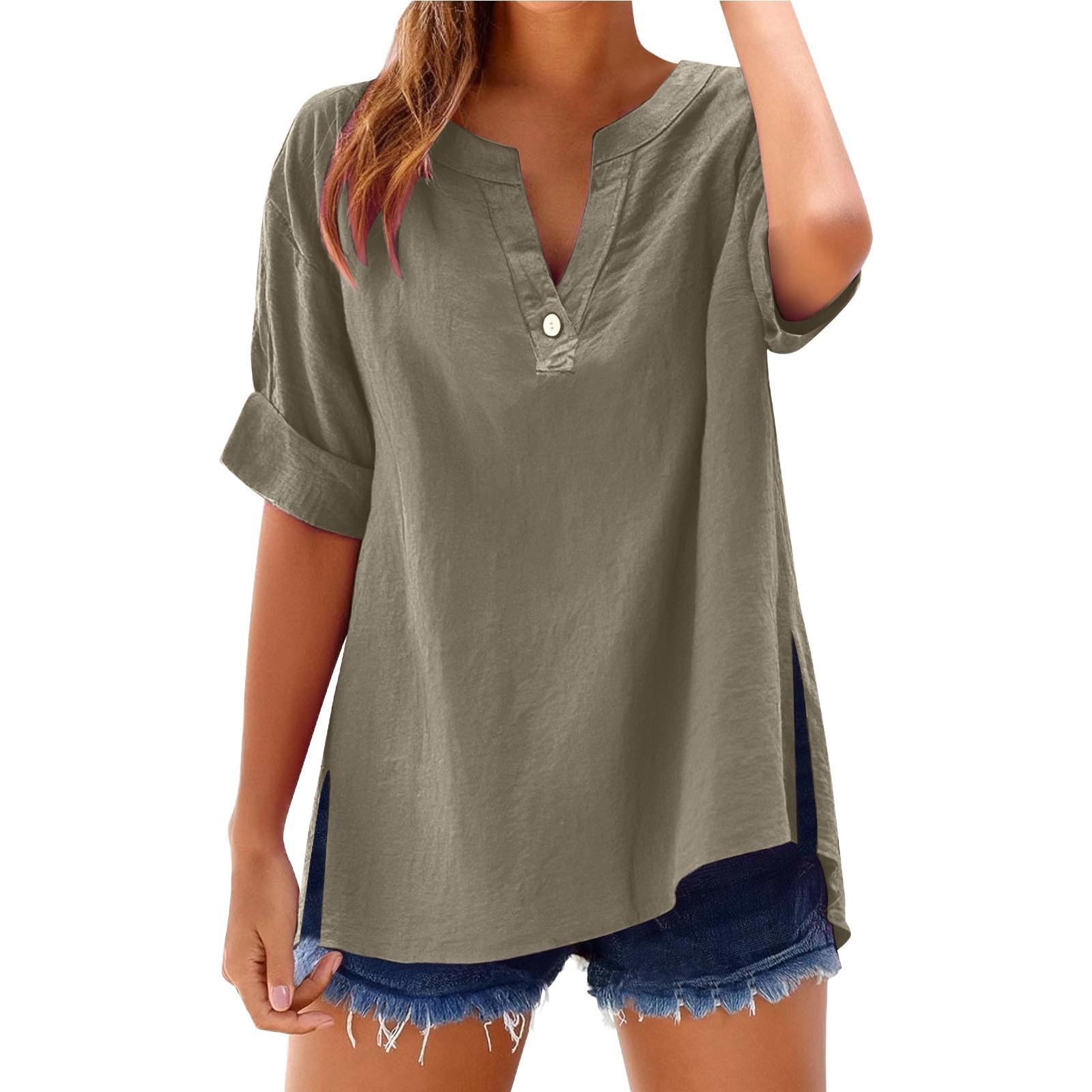 Women s Summer Tops Fashion Button Large Size Cotton and Linen Shirts XXL