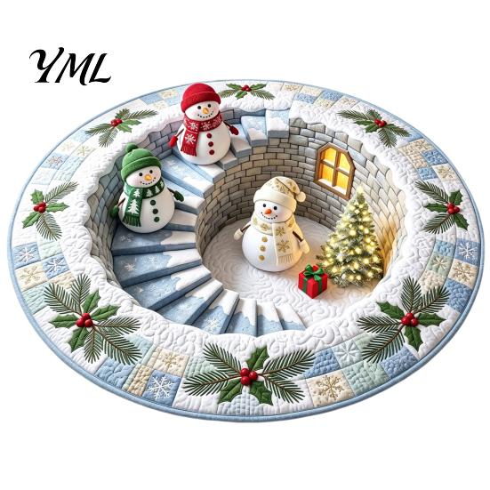 Durable Entrance Rug for Winter Round 3D Christmas Rug, Vortex Optical Illusion Area Santa Snowman Staircase Easy To Clean Holiday Depth Pattern,